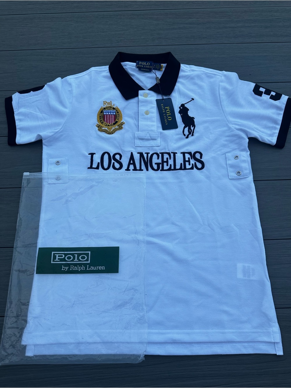 Polo by Ralph Lauren White Polo Shirt with Navy Trim and Los Angeles Embroidery